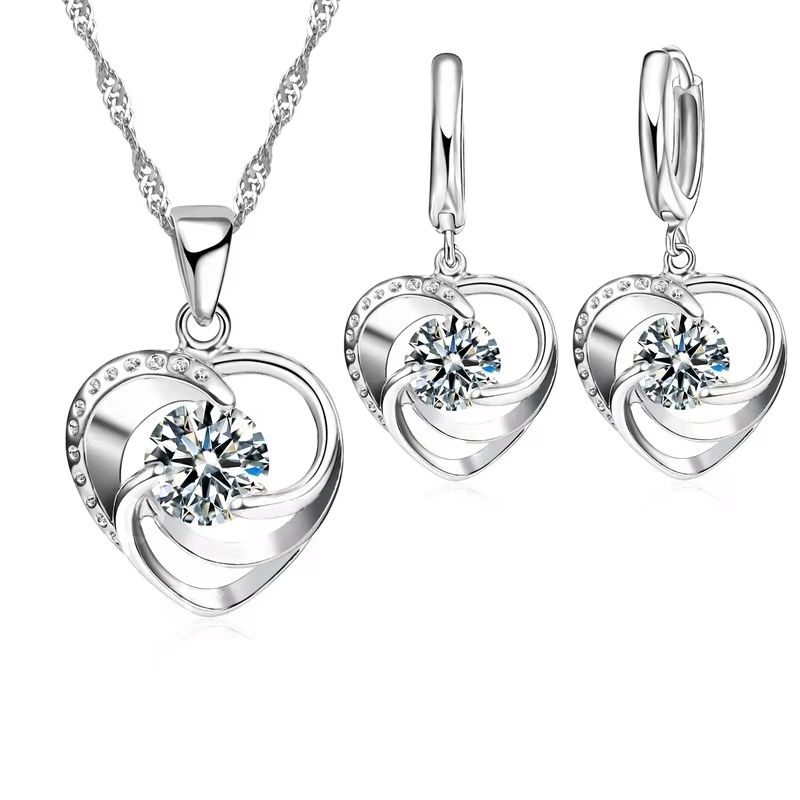 925 Sterling Silver Heart Necklace And Earrings Set For Women 0