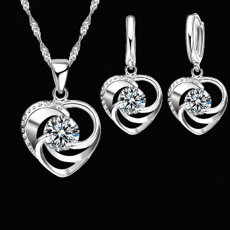 925 Sterling Silver Heart Necklace And Earrings Set For Women 1