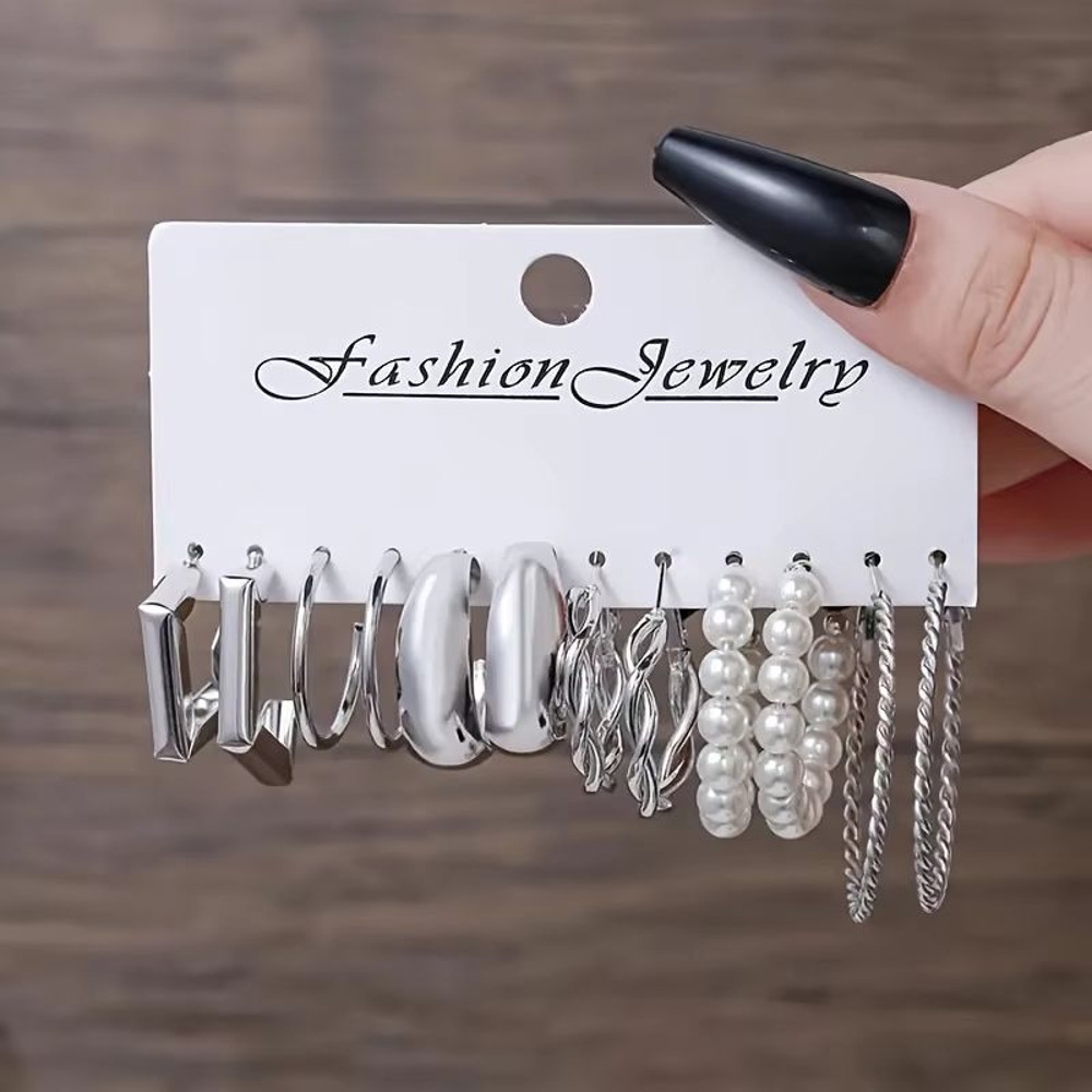 Vintage Silver Y2K Pearl Hoop Earrings Set For Women 24 Pcs 9