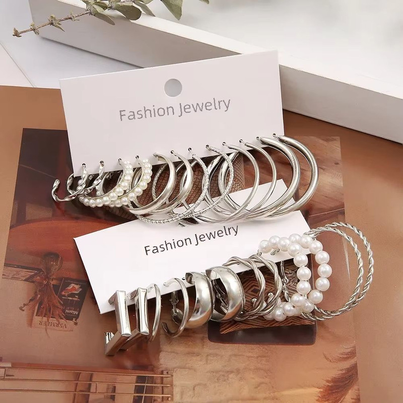 Vintage Silver Y2K Pearl Hoop Earrings Set For Women 24 Pcs 4