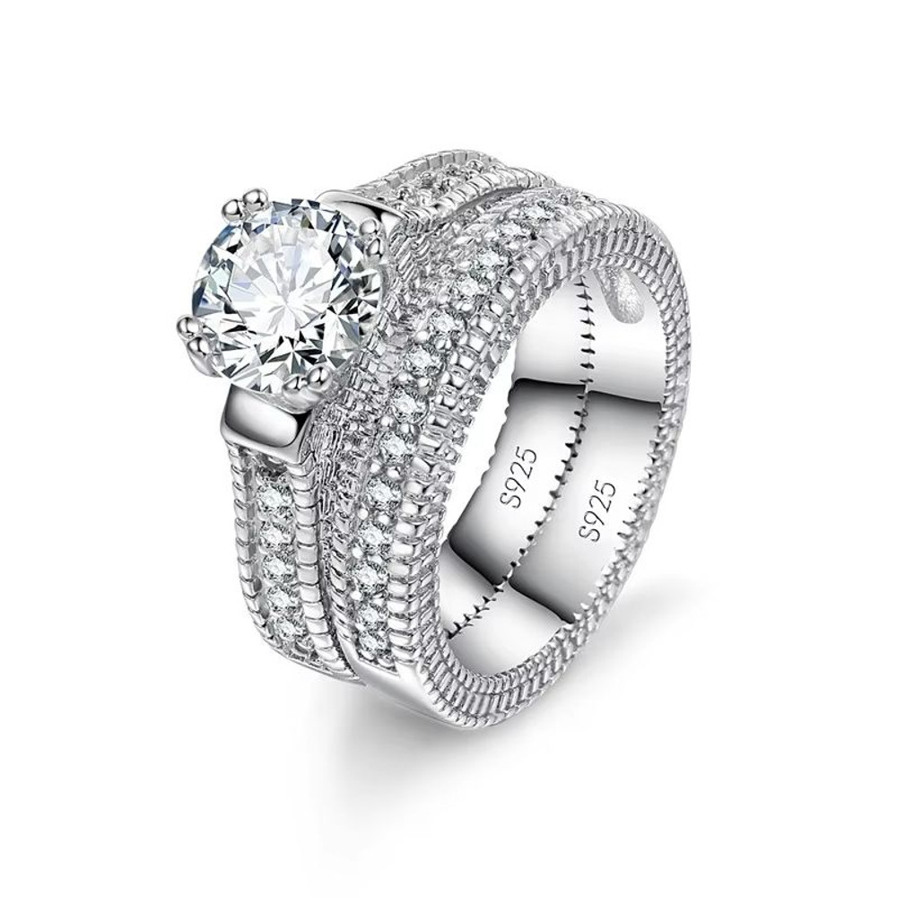 Elegant 925 Silver Wedding Engagement Couple Rings Set 0