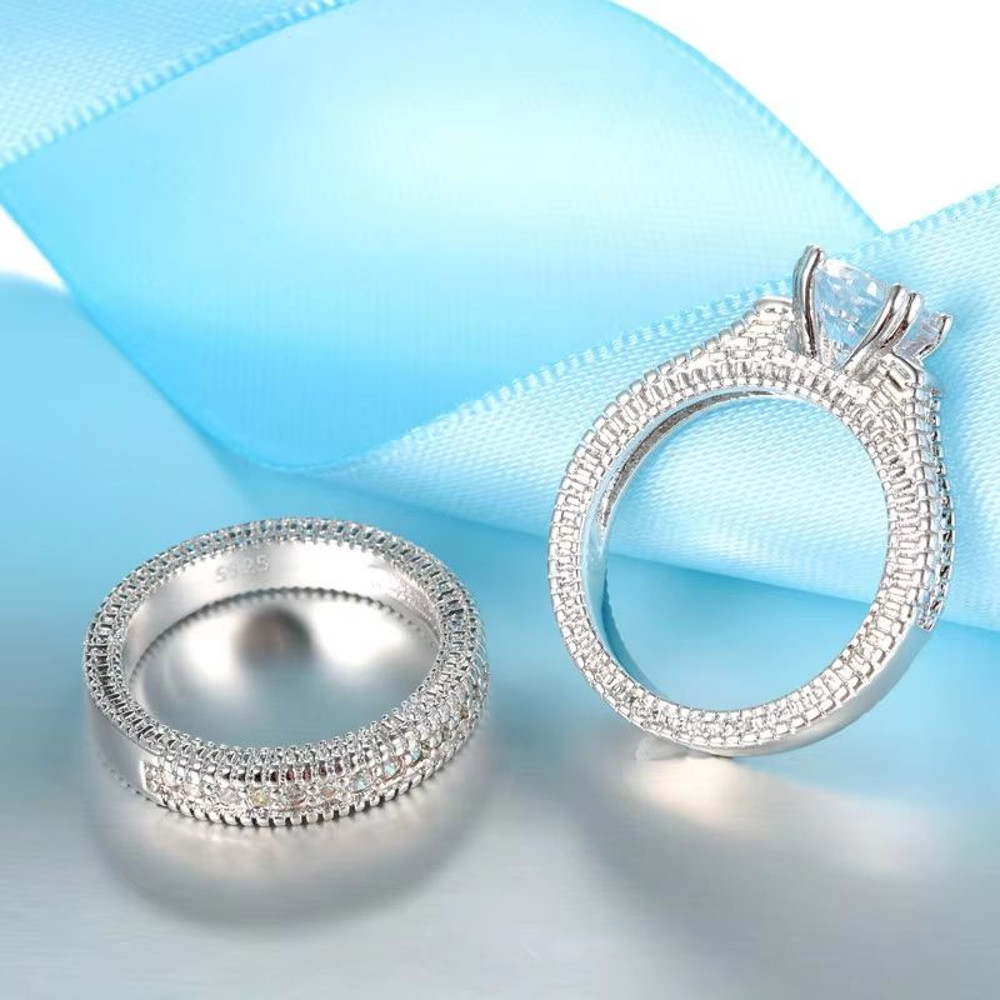 Elegant 925 Silver Wedding Engagement Couple Rings Set 4