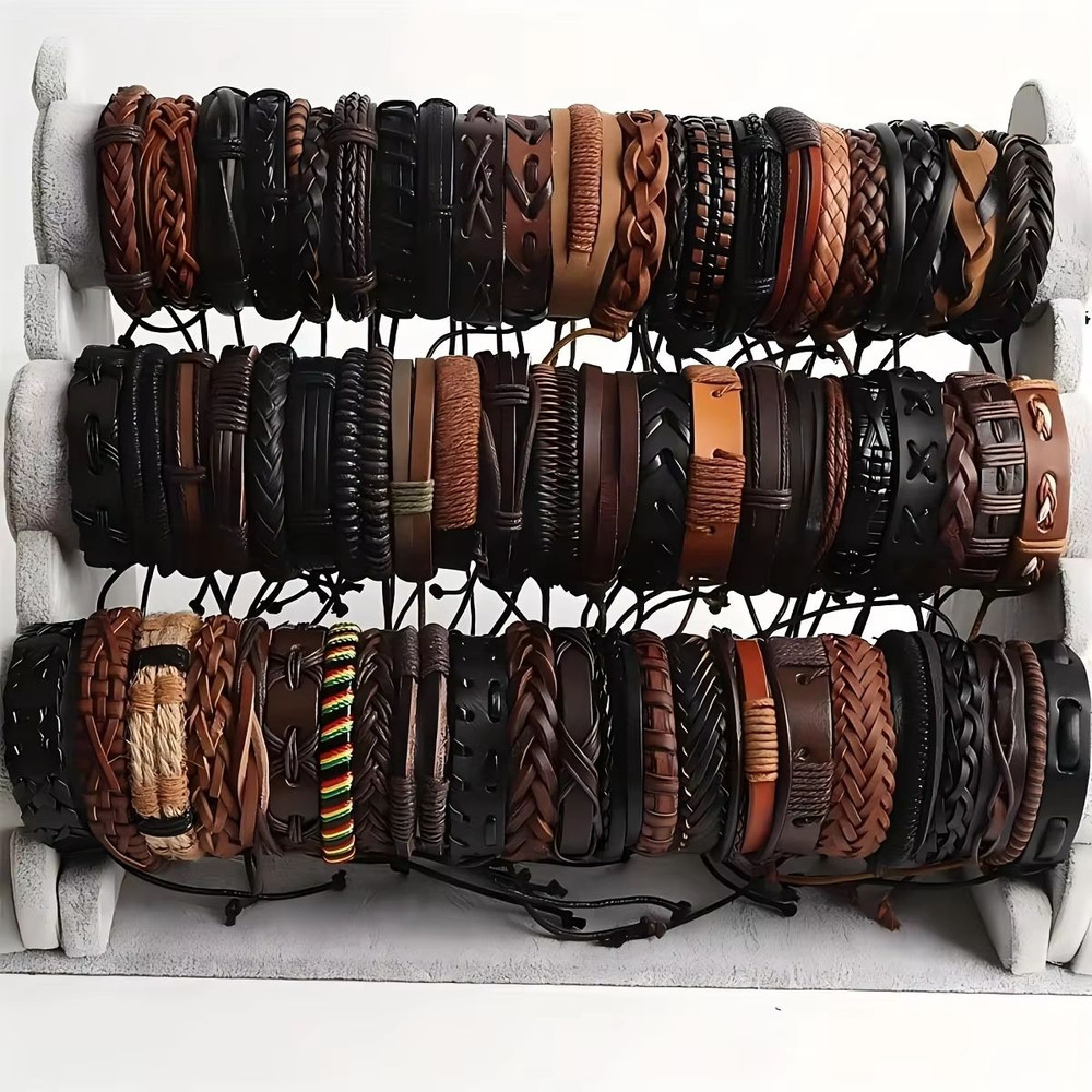 Braided Leather And Beaded Tribal Bracelet Set 20 Pieces For Men And Women 0