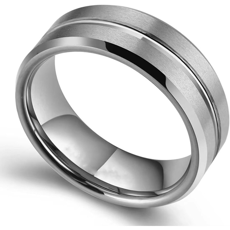 Fashion 8mm Mens Black Tungsten Wedding Band With Groove Beveled Edge 7