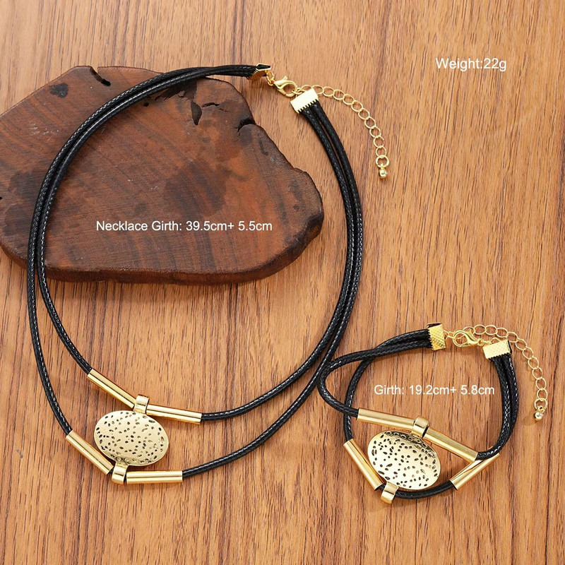 Vintage Oval Metal Faux Leather Necklace Bracelet Set For Women 5