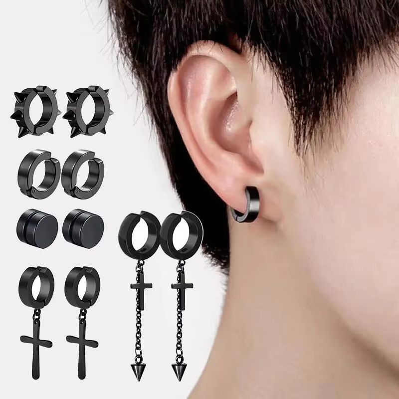 Mens Punk Cross Magnetic Earrings Set Stainless Steel Non Piercing 5 Pairs 1