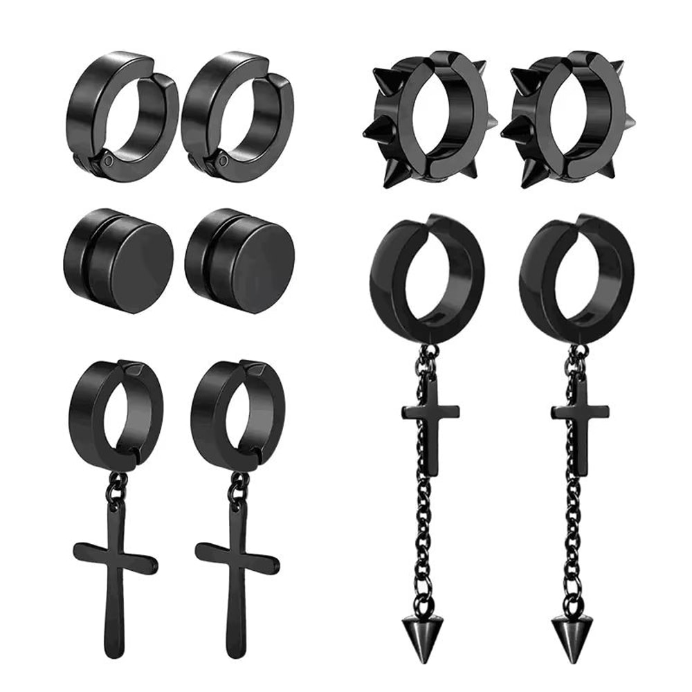 Mens Punk Cross Magnetic Earrings Set Stainless Steel Non Piercing 5 Pairs 2