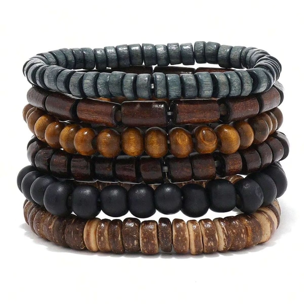 Vintage Braided Leather And Wood Bead Bracelet Set For Men 6 Piece 0