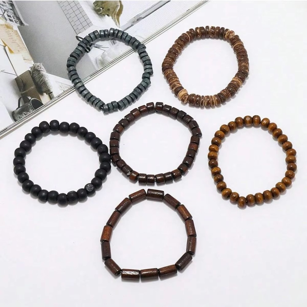 Vintage Braided Leather And Wood Bead Bracelet Set For Men 6 Piece 1