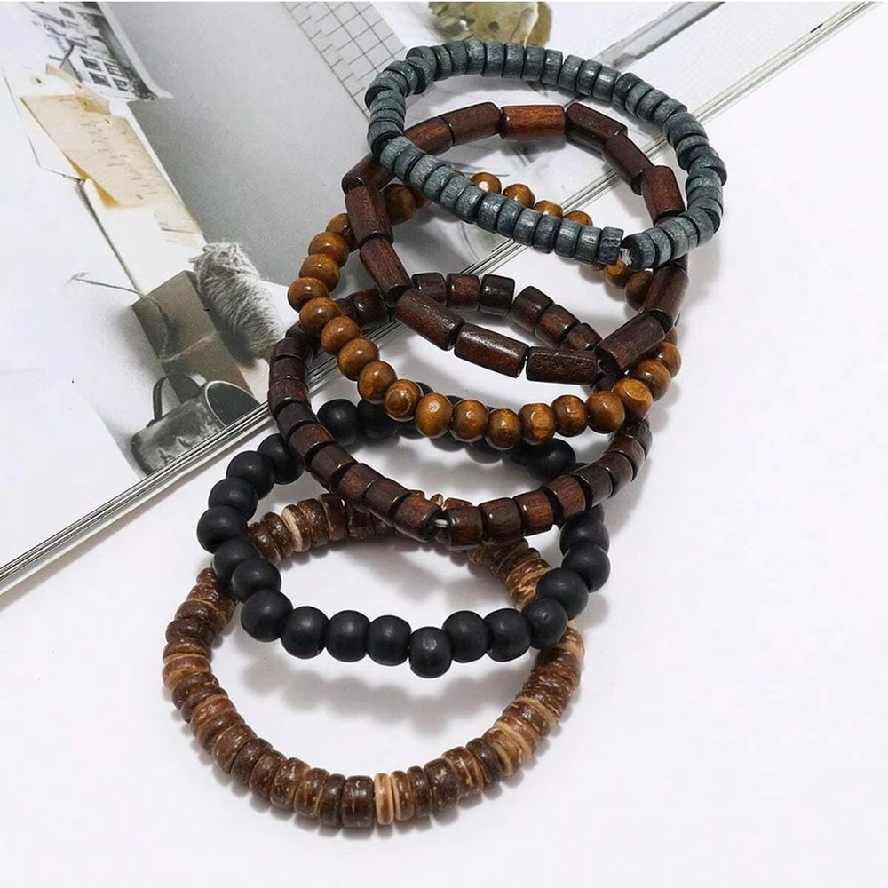 Vintage Braided Leather And Wood Bead Bracelet Set For Men 6 Piece 2