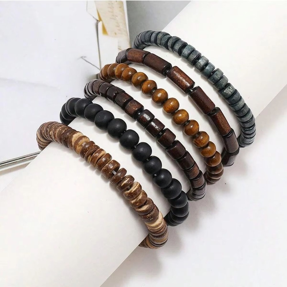 Vintage Braided Leather And Wood Bead Bracelet Set For Men 6 Piece 3