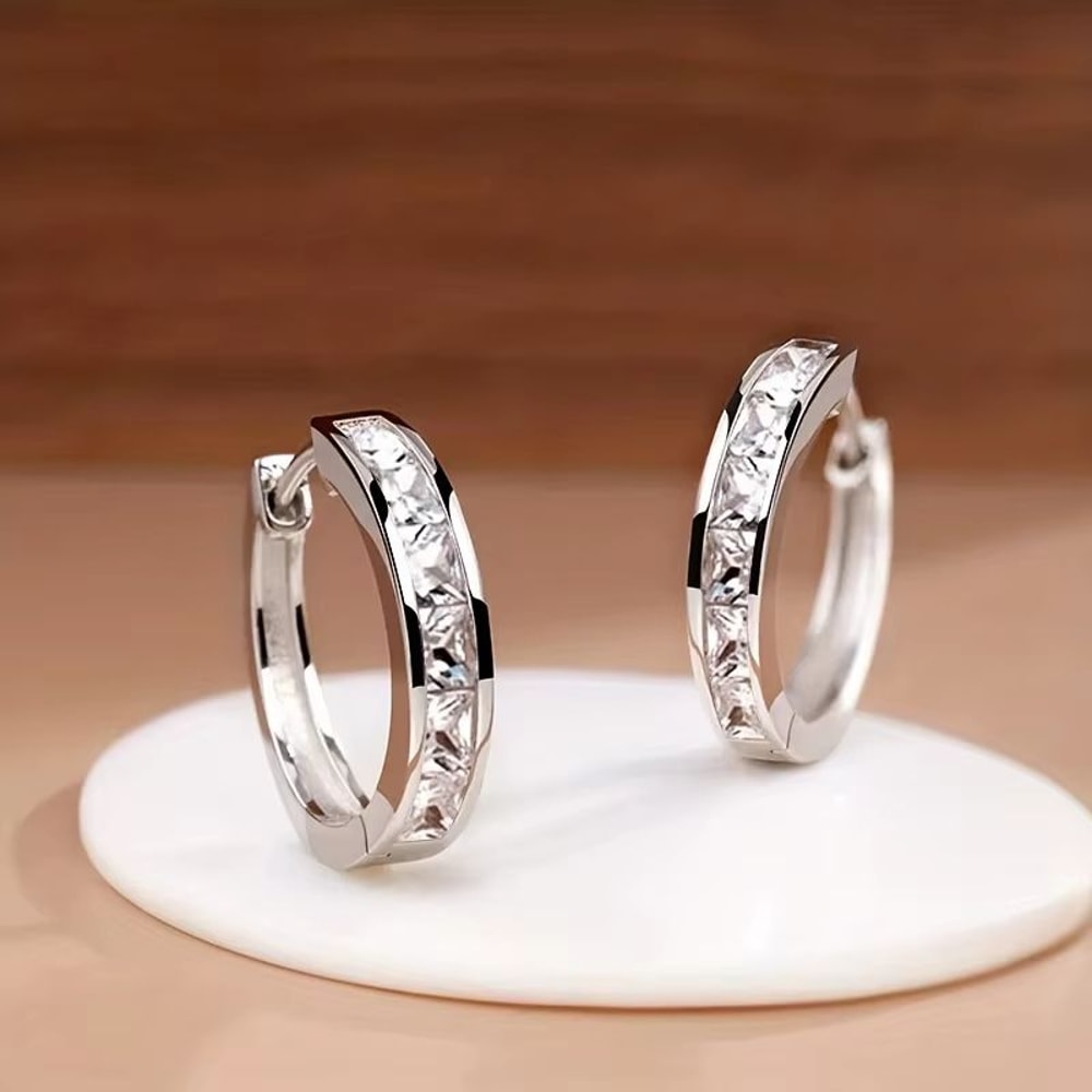 Classic Hoop Earrings With Princess Square CZ For Women Simple Elegant Versatile Jewelry 1