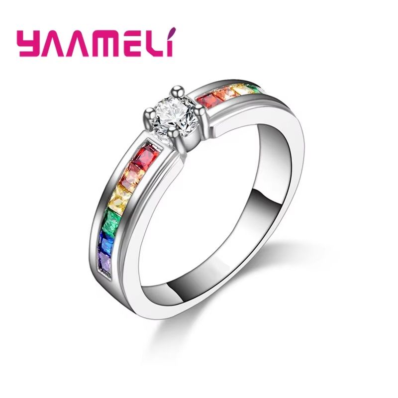 Real 925 Rainbow Cubic Zirconia Ring For Women Sterling Silver Color Engagement Ring Wedding Prop 1