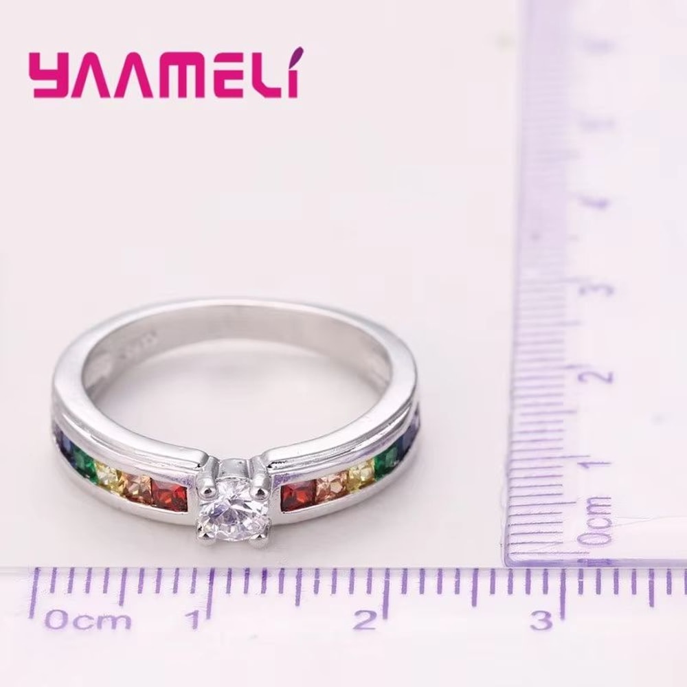 Real 925 Rainbow Cubic Zirconia Ring For Women Sterling Silver Color Engagement Ring Wedding Prop 5