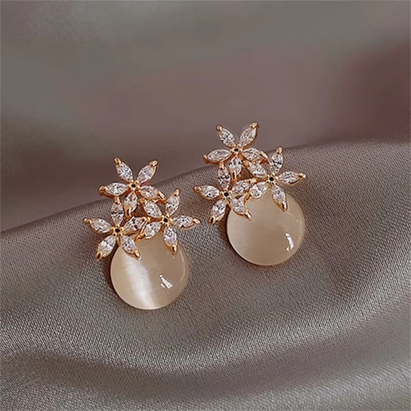 Korean Opal Flower Earrings For Women Crystal Pearl Floral Stud Earrings For Wedding Party 7