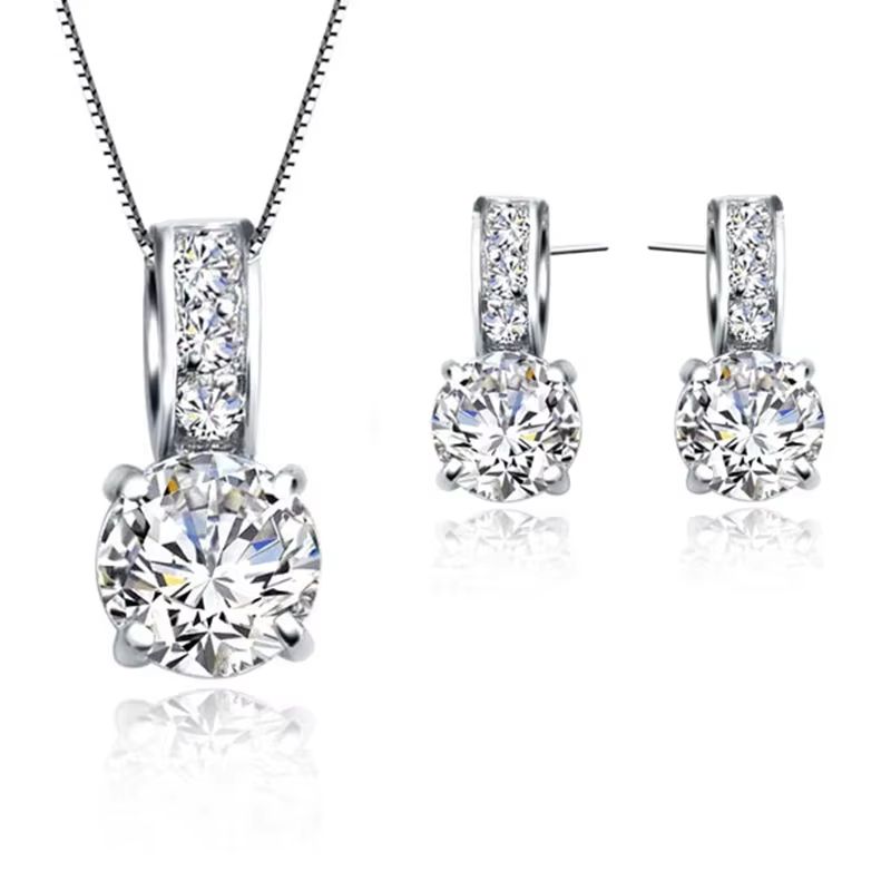 Classic Bridal Jewelry Set For Women Sterling Silver Color Cubic Zirconia Necklace Crystal Stud E 0