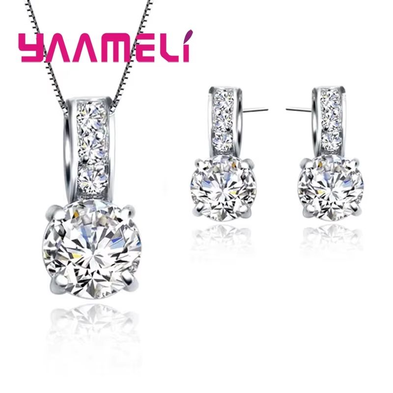 Classic Bridal Jewelry Set For Women Sterling Silver Color Cubic Zirconia Necklace Crystal Stud E 1