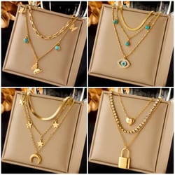 butterfly moon lock layered necklace – 316l stainless steel choker with blue eye pendant for women