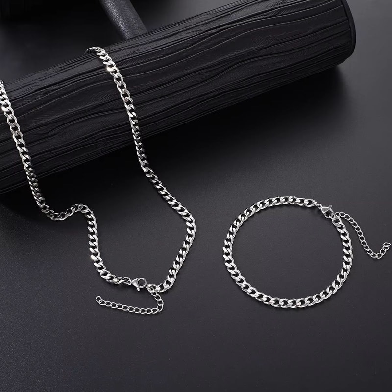 2pcs Mens Cuban Chain Necklace And Bracelet Silver Color Chunky Chain Set In Stainless Steel 2
