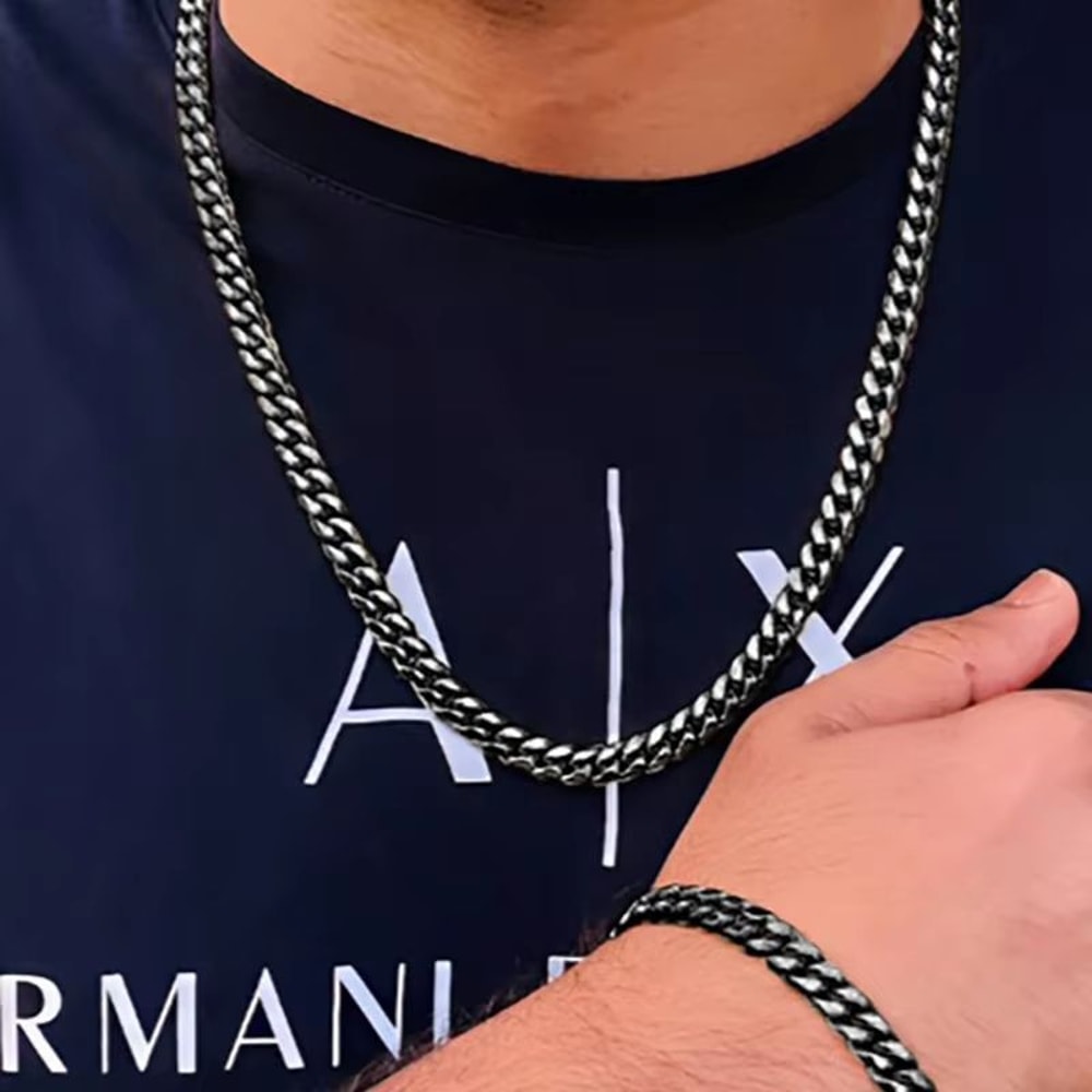 2pcs Mens Cuban Chain Necklace And Bracelet Silver Color Chunky Chain Set In Stainless Steel 4