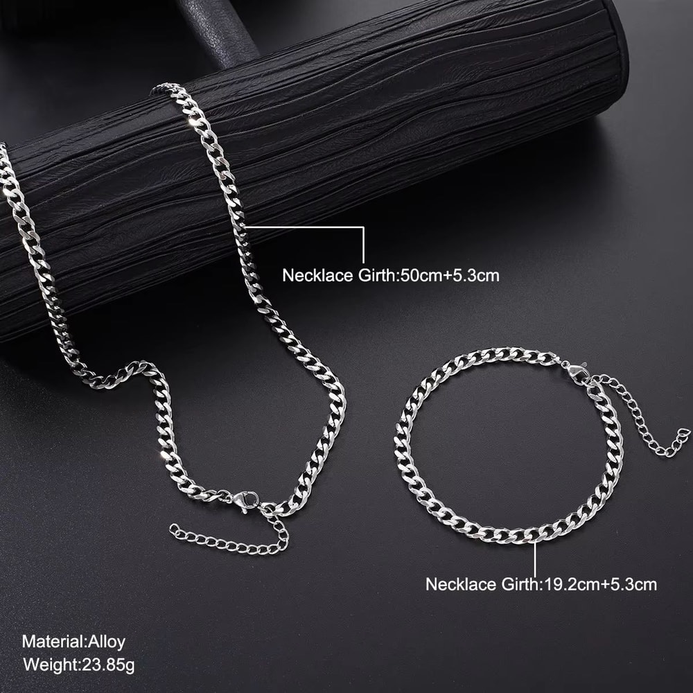 2pcs Mens Cuban Chain Necklace And Bracelet Silver Color Chunky Chain Set In Stainless Steel 5