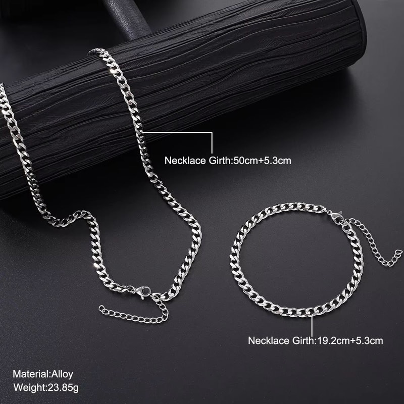 2pcs Mens Cuban Chain Necklace And Bracelet Silver Color Chunky Chain Set In Stainless Steel 5