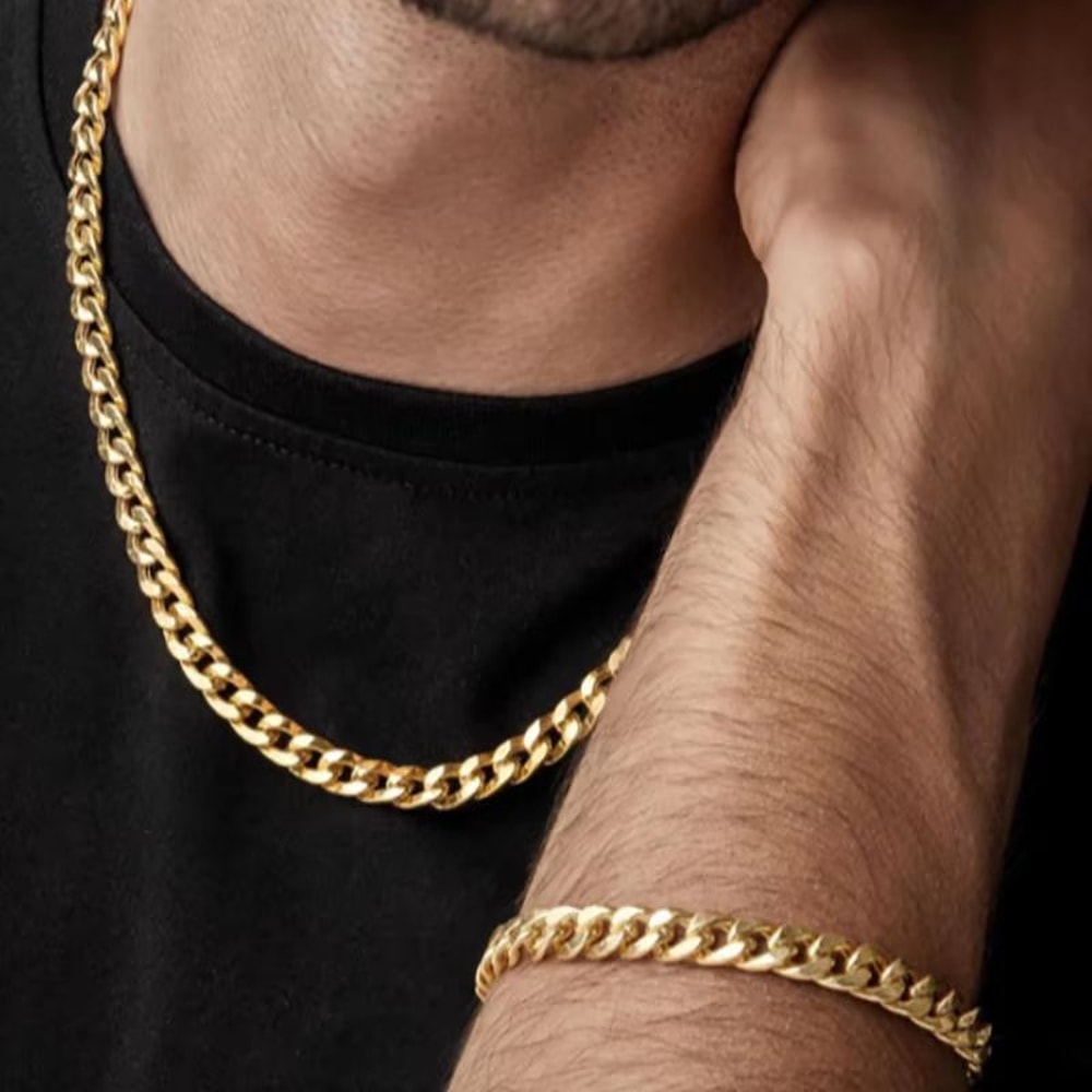 2pcs Mens Cuban Chain Necklace And Bracelet Silver Color Chunky Chain Set In Stainless Steel 7