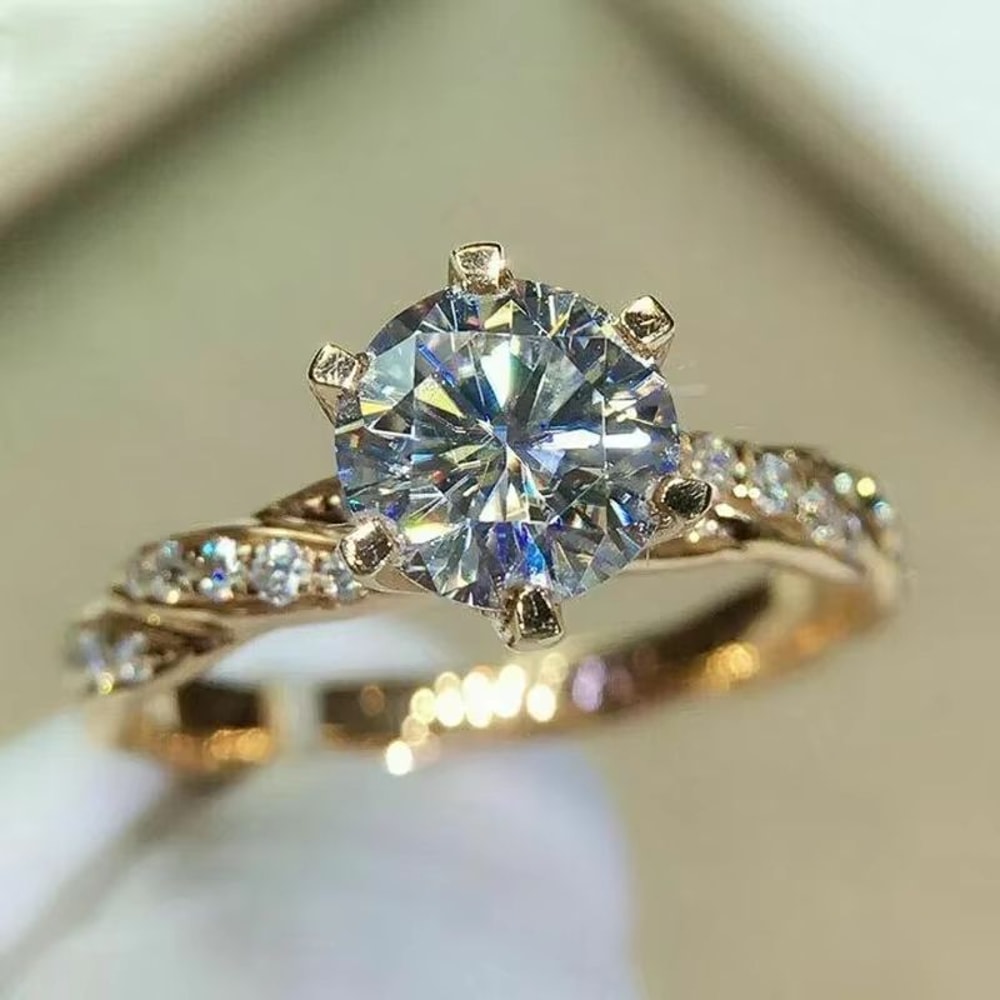 Huitan Classic 6 Claw Cubic Zirconia Ring Luxury Gold Color Gold Engagement Ring Wedding Band For 2