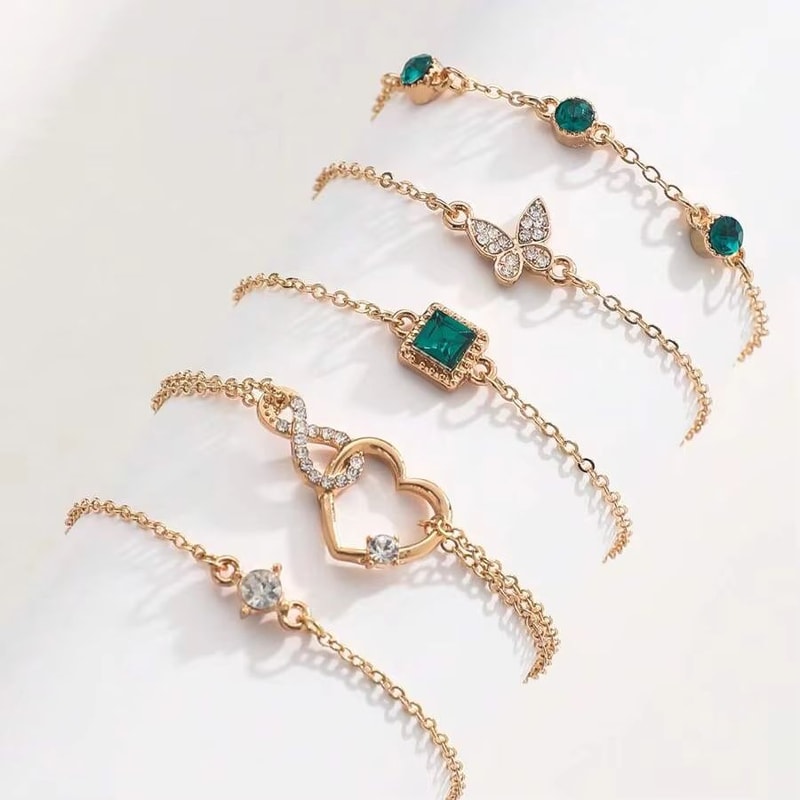 5 Piece Heart Bracelet Set For Women Green Crystal Bracelet And Butterfly Bracelet Gold Color Stac 2