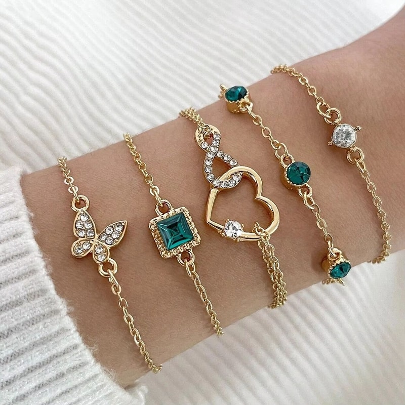 5 Piece Heart Bracelet Set For Women Green Crystal Bracelet And Butterfly Bracelet Gold Color Stac 3