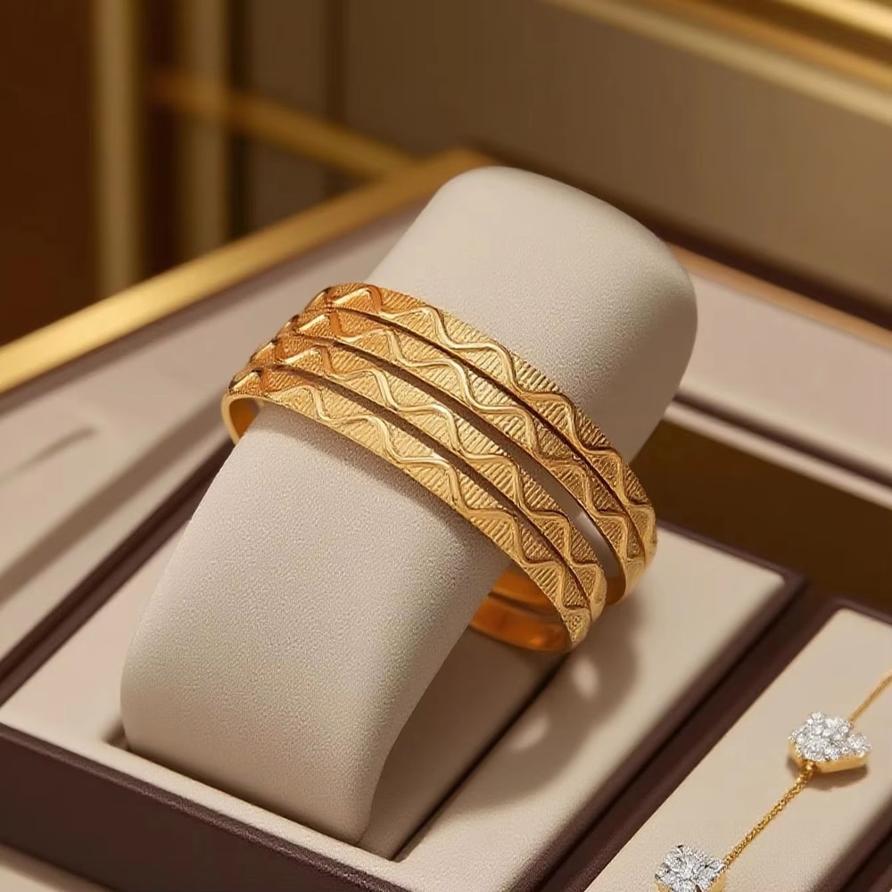 Herseygold Slim Gold Bangle Bracelet Set Carved Flower Layered Cuff For Brides Everyday Elegance 9