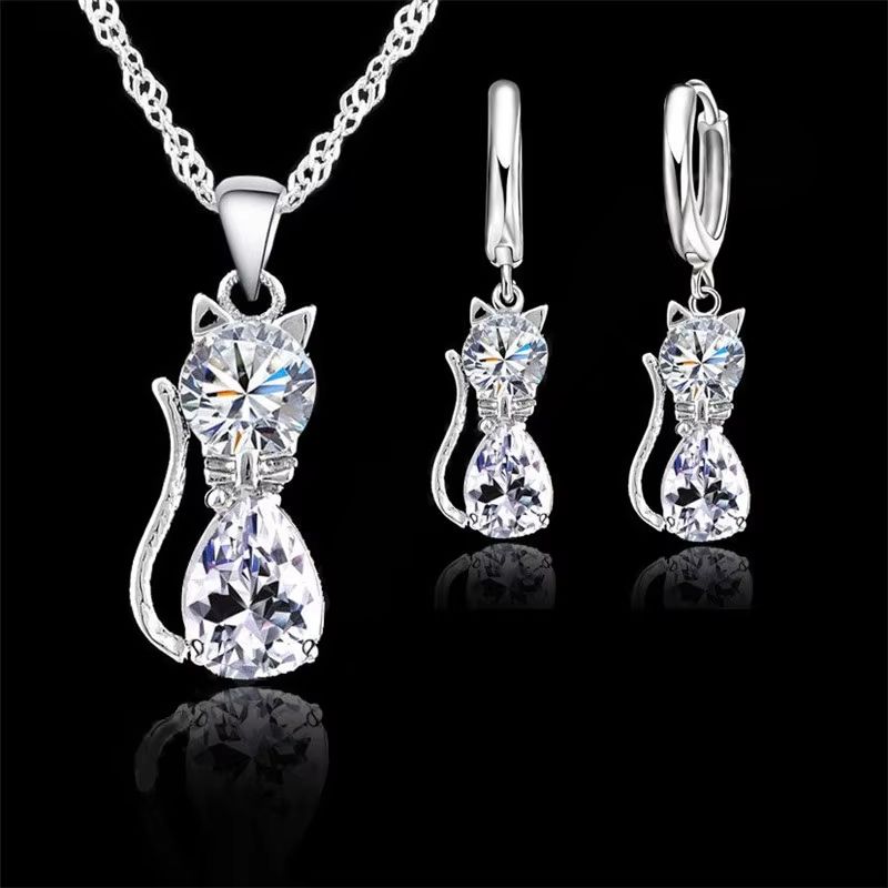 Real 925 Sterling Silver Cat Jewelry Set Austrian Crystal Cat Pendant Necklace Huggie Earrings Fo 0