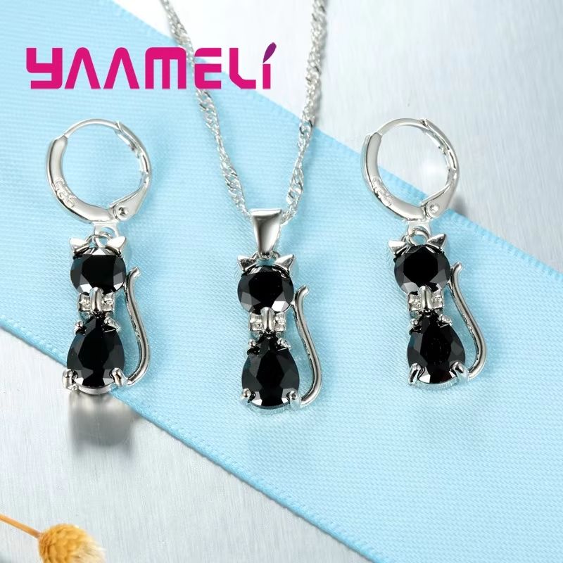 Real 925 Sterling Silver Cat Jewelry Set Austrian Crystal Cat Pendant Necklace Huggie Earrings Fo 1
