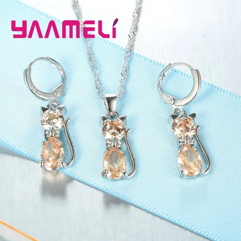 Real 925 Sterling Silver Cat Jewelry Set Austrian Crystal Cat Pendant Necklace Huggie Earrings Fo 3