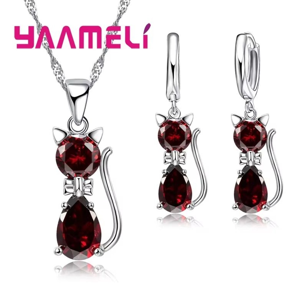 Real 925 Sterling Silver Cat Jewelry Set Austrian Crystal Cat Pendant Necklace Huggie Earrings Fo 9