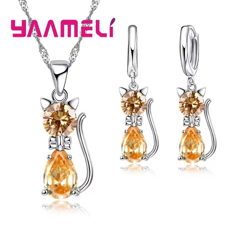 Real 925 Sterling Silver Cat Jewelry Set Austrian Crystal Cat Pendant Necklace Huggie Earrings Fo 10