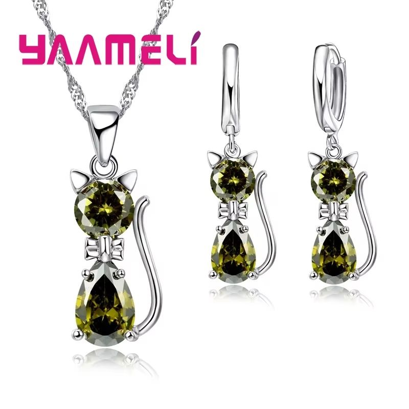 Real 925 Sterling Silver Cat Jewelry Set Austrian Crystal Cat Pendant Necklace Huggie Earrings Fo 11