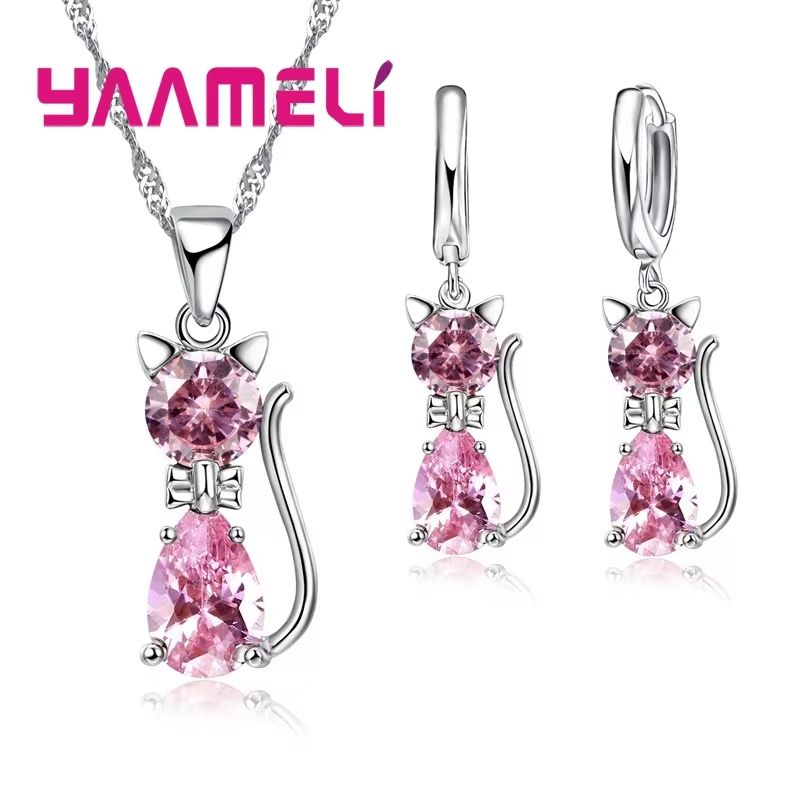 Real 925 Sterling Silver Cat Jewelry Set Austrian Crystal Cat Pendant Necklace Huggie Earrings Fo 12