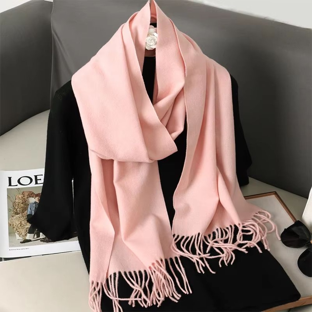 Solid Color Thick Cashmere Feel Winter Scarf With Tassels For Women 12