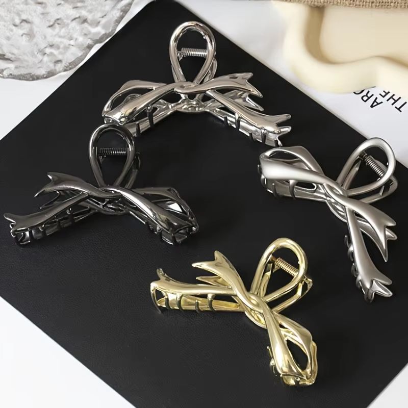 RibbonCharm Bow Hair Claw Vintage Metal Ribbon Clip For Ponytails Updos 2