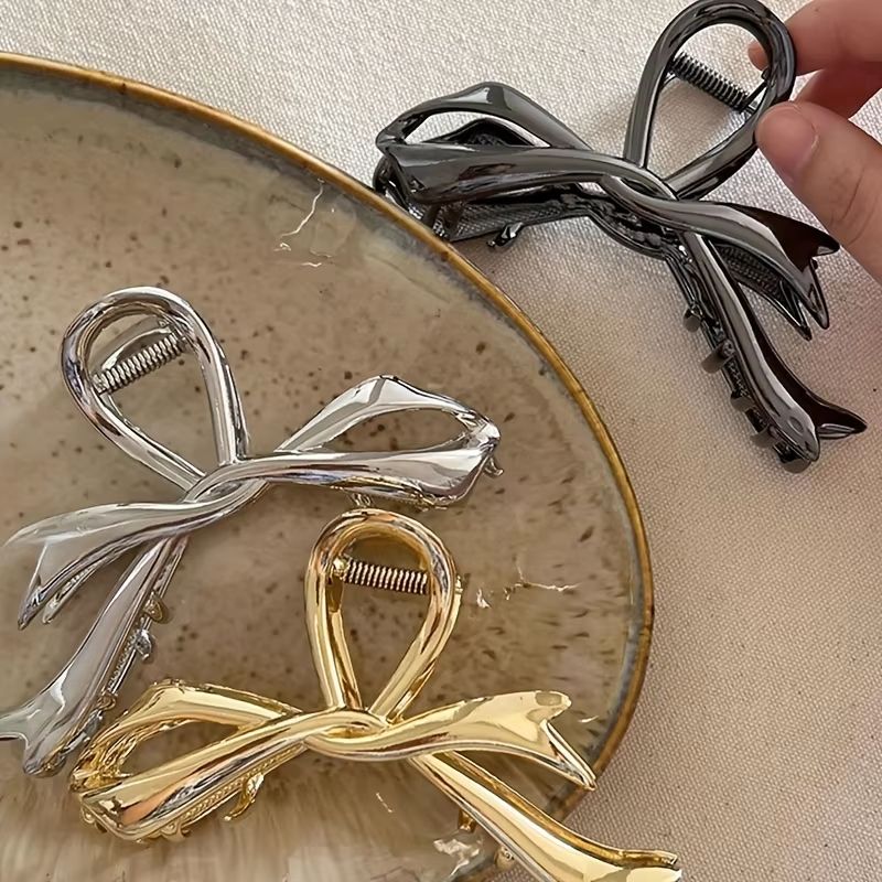 RibbonCharm Bow Hair Claw Vintage Metal Ribbon Clip For Ponytails Updos 5