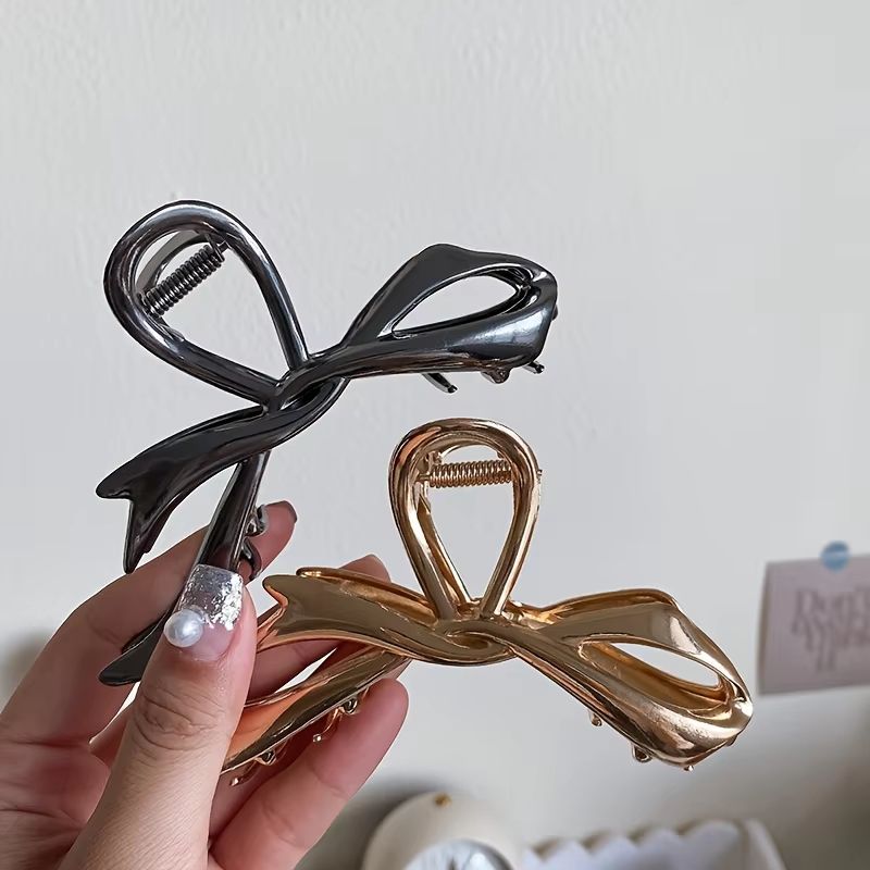 RibbonCharm Bow Hair Claw Vintage Metal Ribbon Clip For Ponytails Updos 7