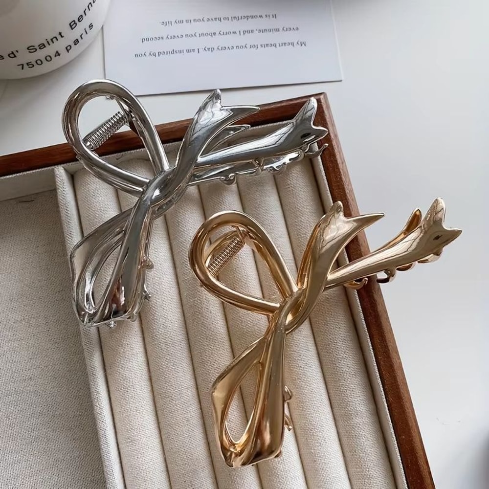 RibbonCharm Bow Hair Claw Vintage Metal Ribbon Clip For Ponytails Updos 8