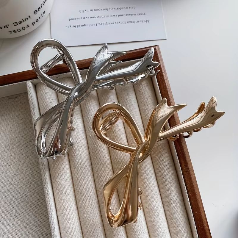 RibbonCharm Bow Hair Claw Vintage Metal Ribbon Clip For Ponytails Updos 8