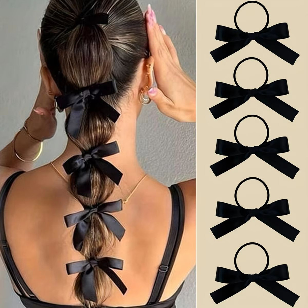 Elegant Black Bow Hair Tie Set 5Piece Fashion Accessories For Women 0