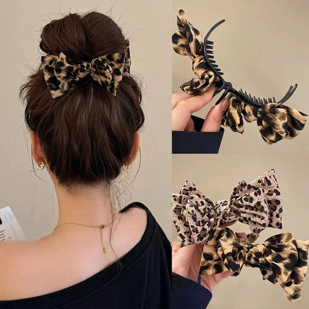 Leopard Chic Bow Hair Grab Clip Vintage Print Bow Clip For Women 0