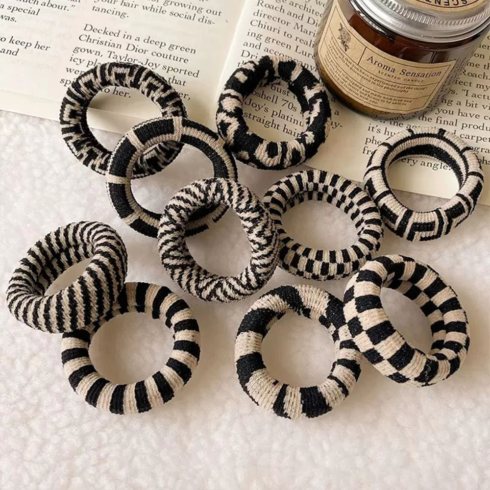 Checkered Comfort Stretch Hair Rings Versatile Black White Pack 0