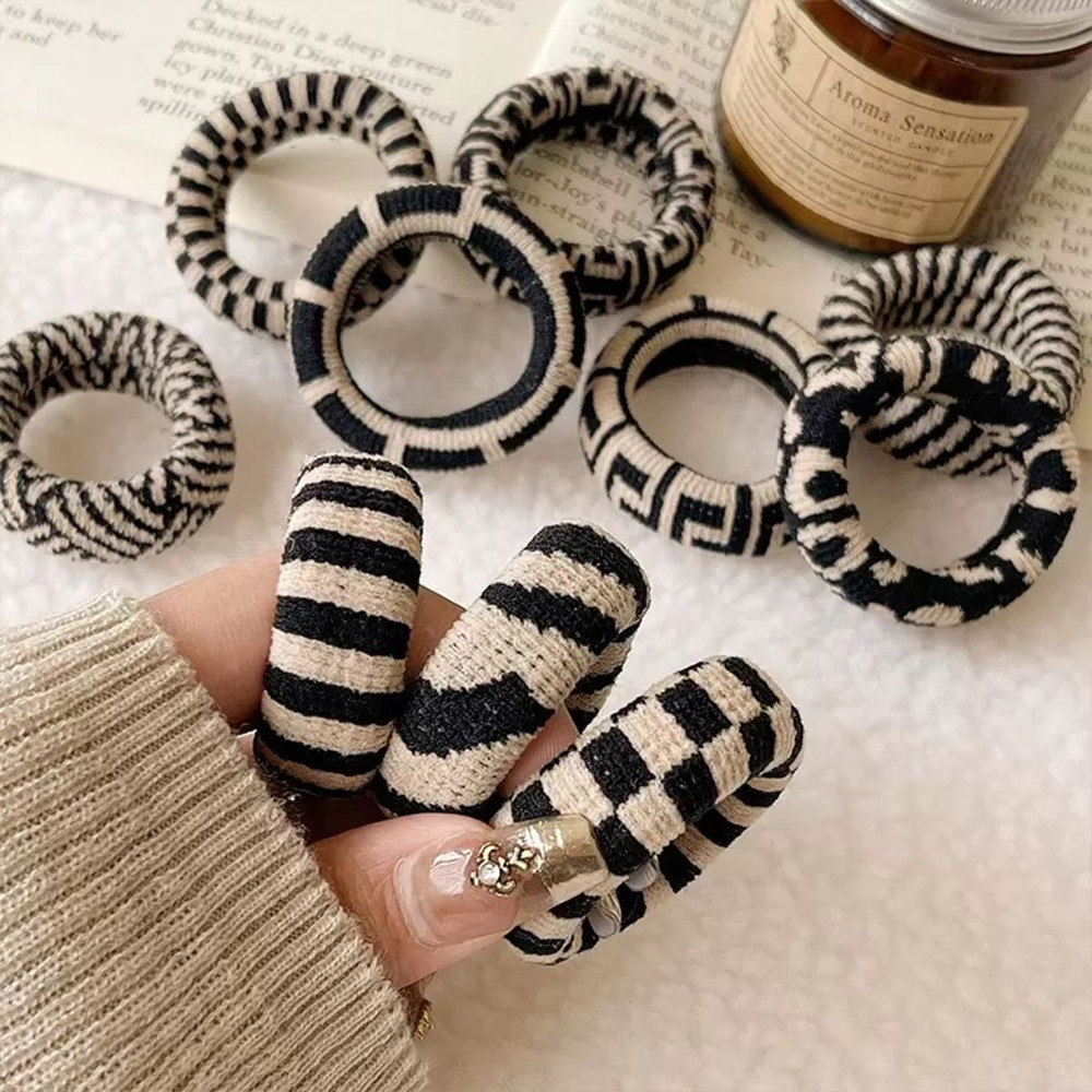 Checkered Comfort Stretch Hair Rings Versatile Black White Pack 1