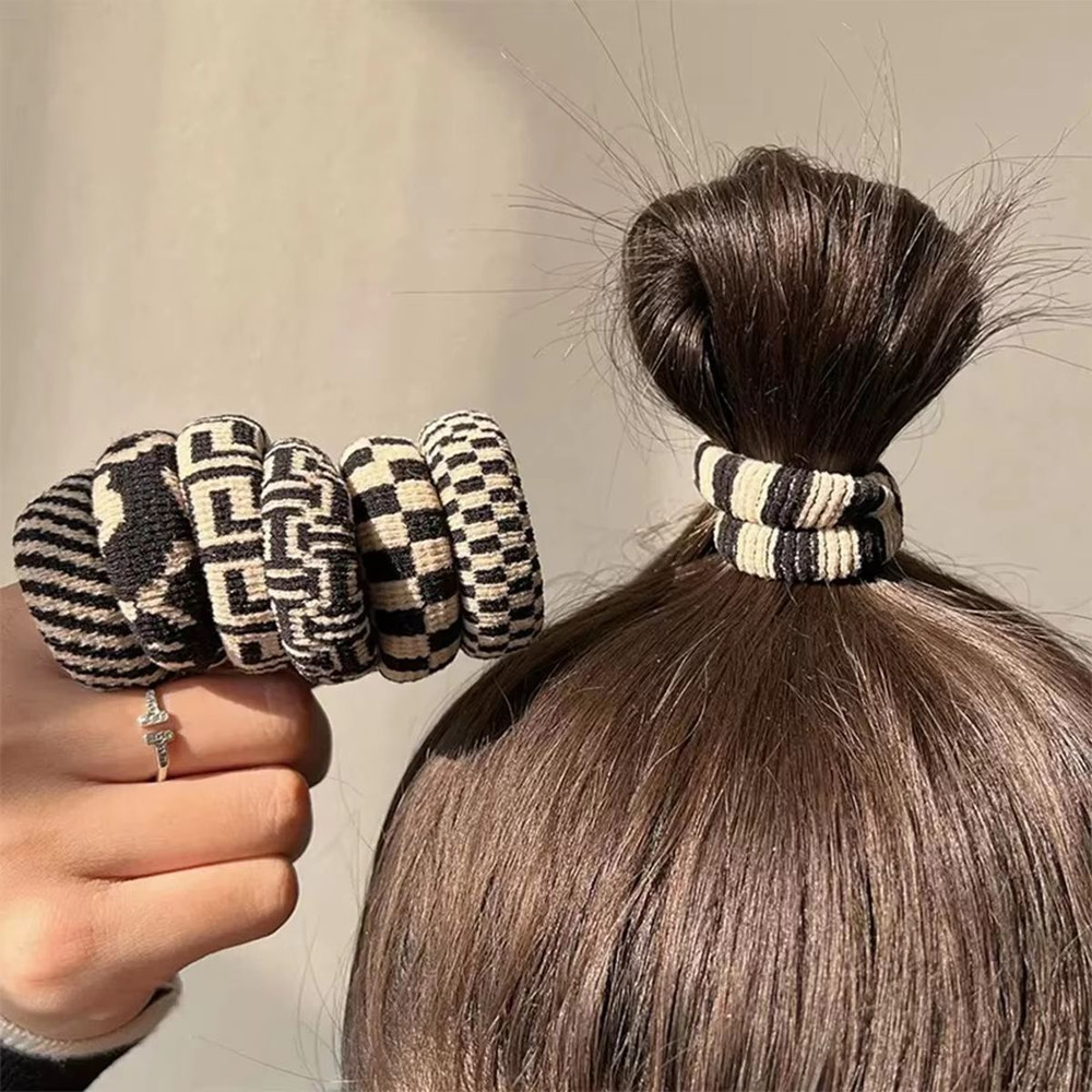 Checkered Comfort Stretch Hair Rings Versatile Black White Pack 2