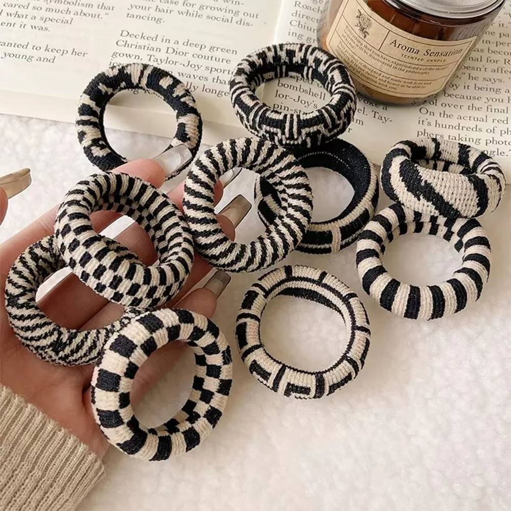 Checkered Comfort Stretch Hair Rings Versatile Black White Pack 4
